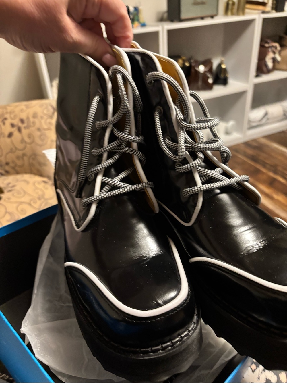 John Fluevog Revna Black Gloss Patent Lace-Up Boots with White Piping